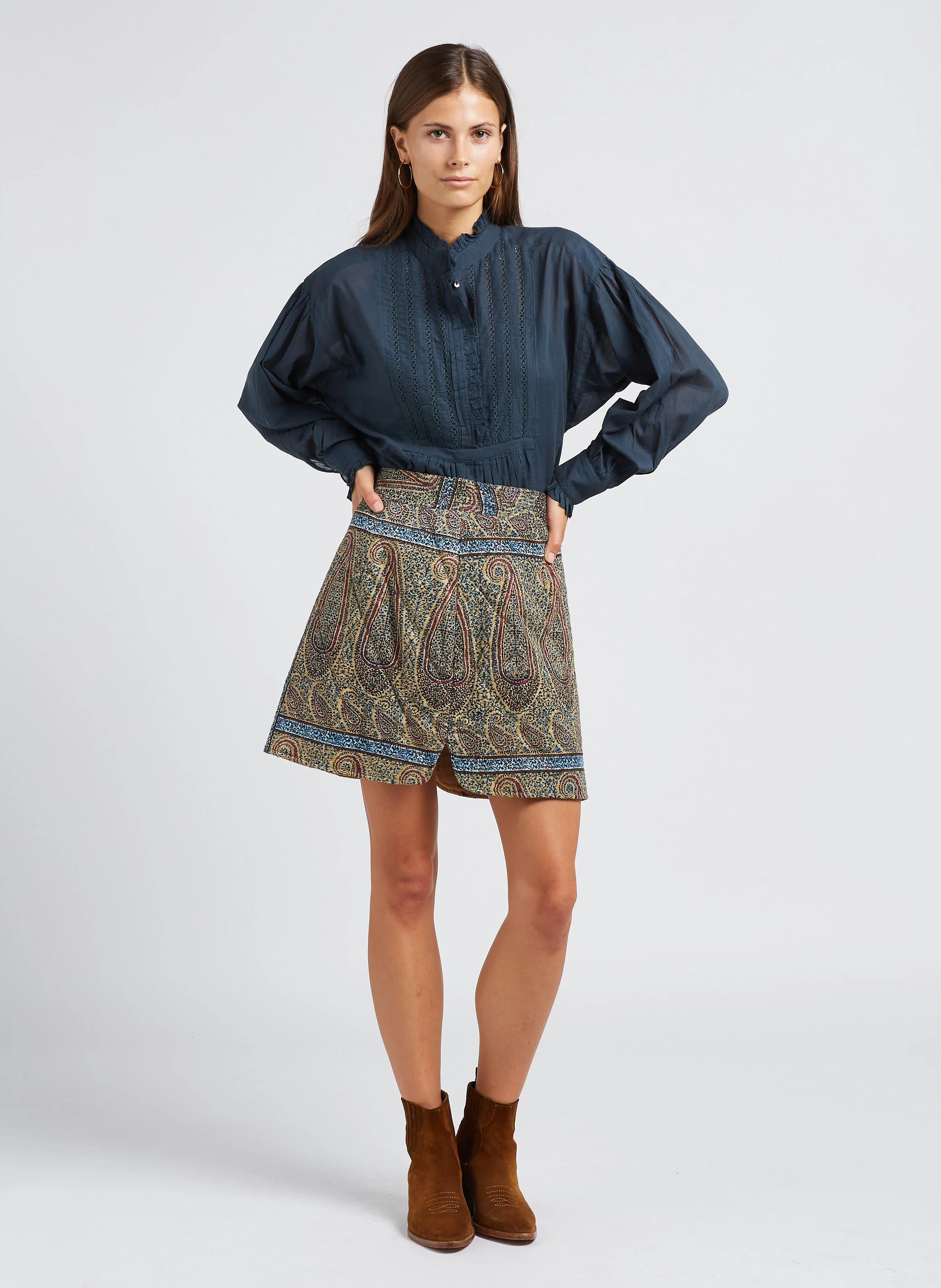 HIDA - Jupe courte droite imprimé en coton | Beige