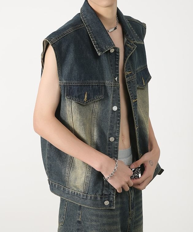 pinkdropper - Gewassen denim vest met kraag en knopen / Lage taille denim shorts met distressed effect