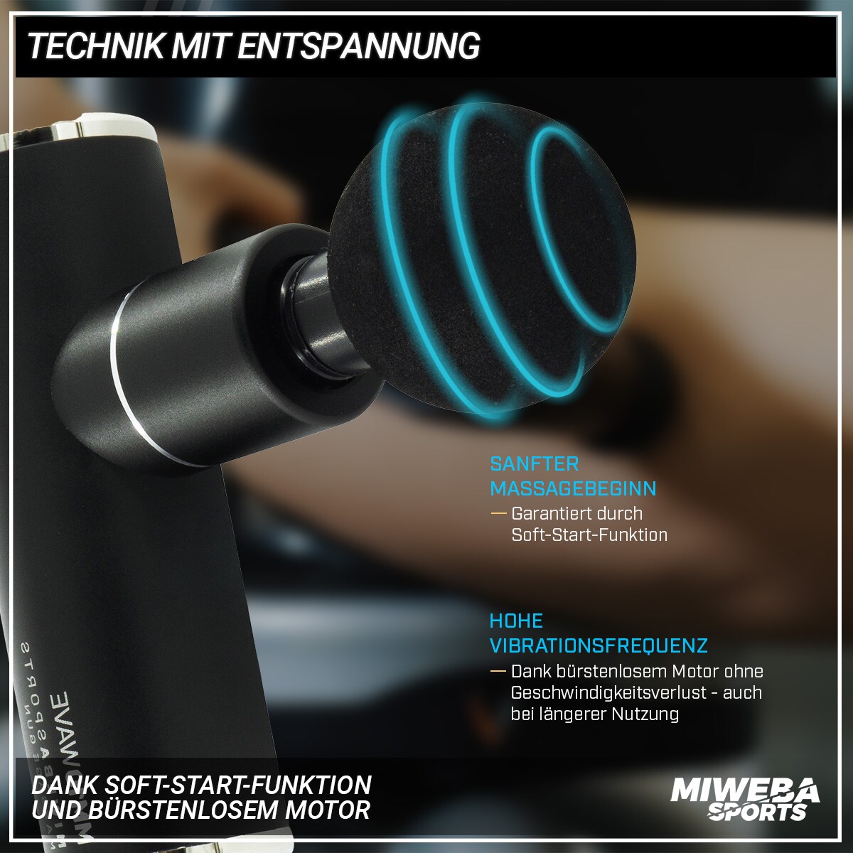 Miweba Sports Mini-Massagepistole MM10, Massage-Gun 2500 mAh, Faszien-Muskelmassage mit 4 Aufsätzen (Schwarz)