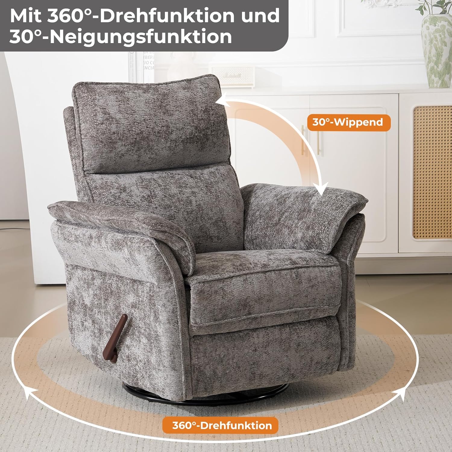 Fernsehsessel Relaxsessel mit Liegefunktion,360°Drehbarer TV Sessel Wohnzimmer, Schaukelstuhl mit Verstellbarer Kopfstütze,Dicke Rückenlehne und Armlehne,Seitentaschen,grau