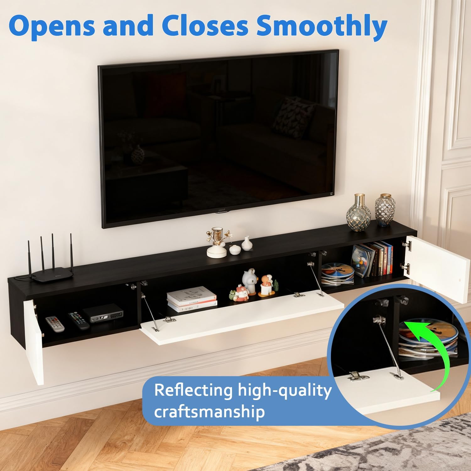 TV Lowboard Hängend 160cm, TV Schrank Hängend mit 3 Stauraum, Fernsehschrank Holz, Grifflose Design, Viel Stauraum, Schwebender TV Cabinet für Wohnzimmer und Schlafzimmer