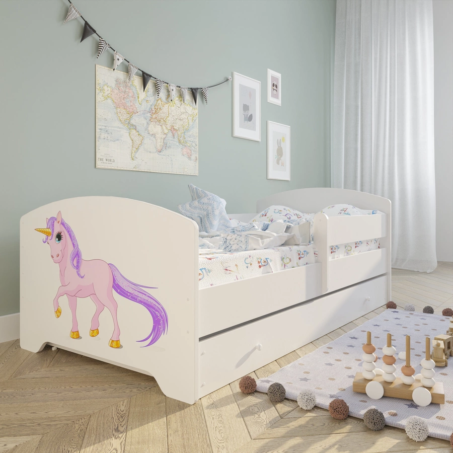 Kids Collective Kinderbett 70x140 | 80x160 cm mit Matratze und Schublade, Rausfallschutz Einhorn Motiv