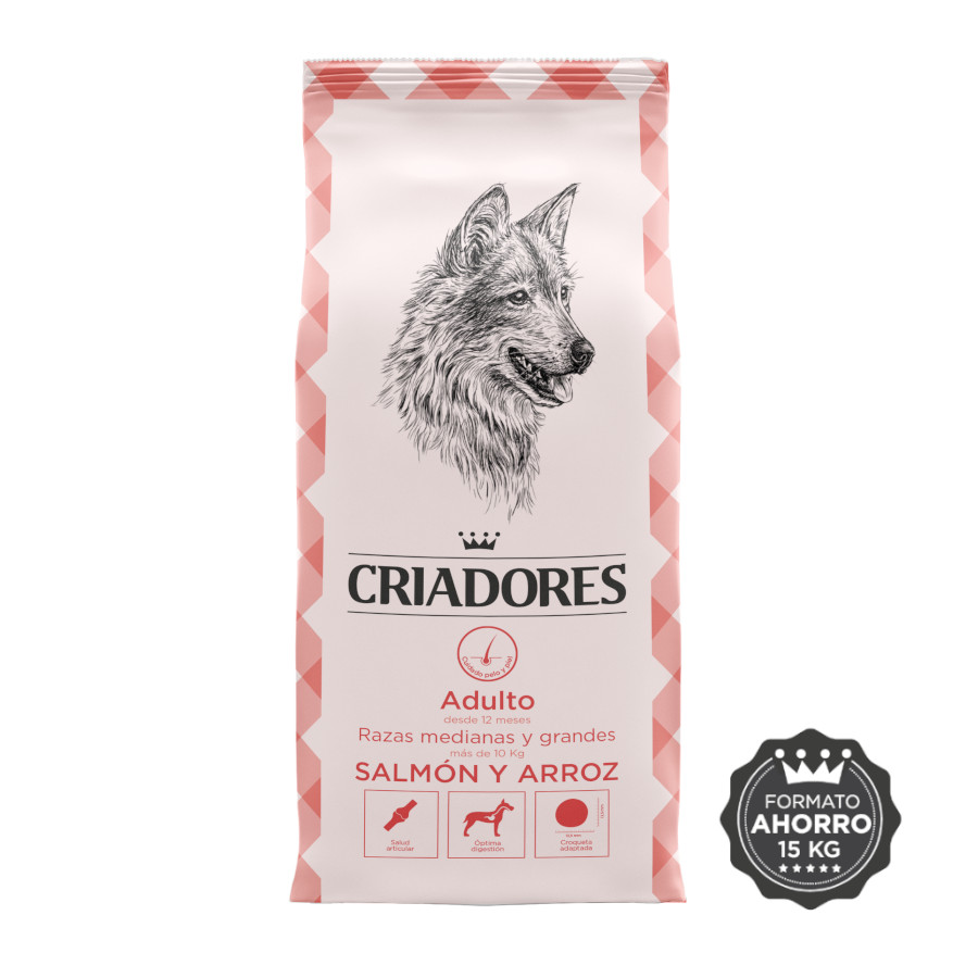 Ração para cães adultos da marca Breeders, sabor salmão e arroz, para raças médias e grandes.