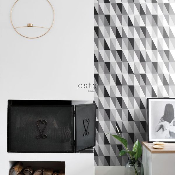 Estahome Grafische Driehoeken Behang - Zwart / Wit / Grijs
