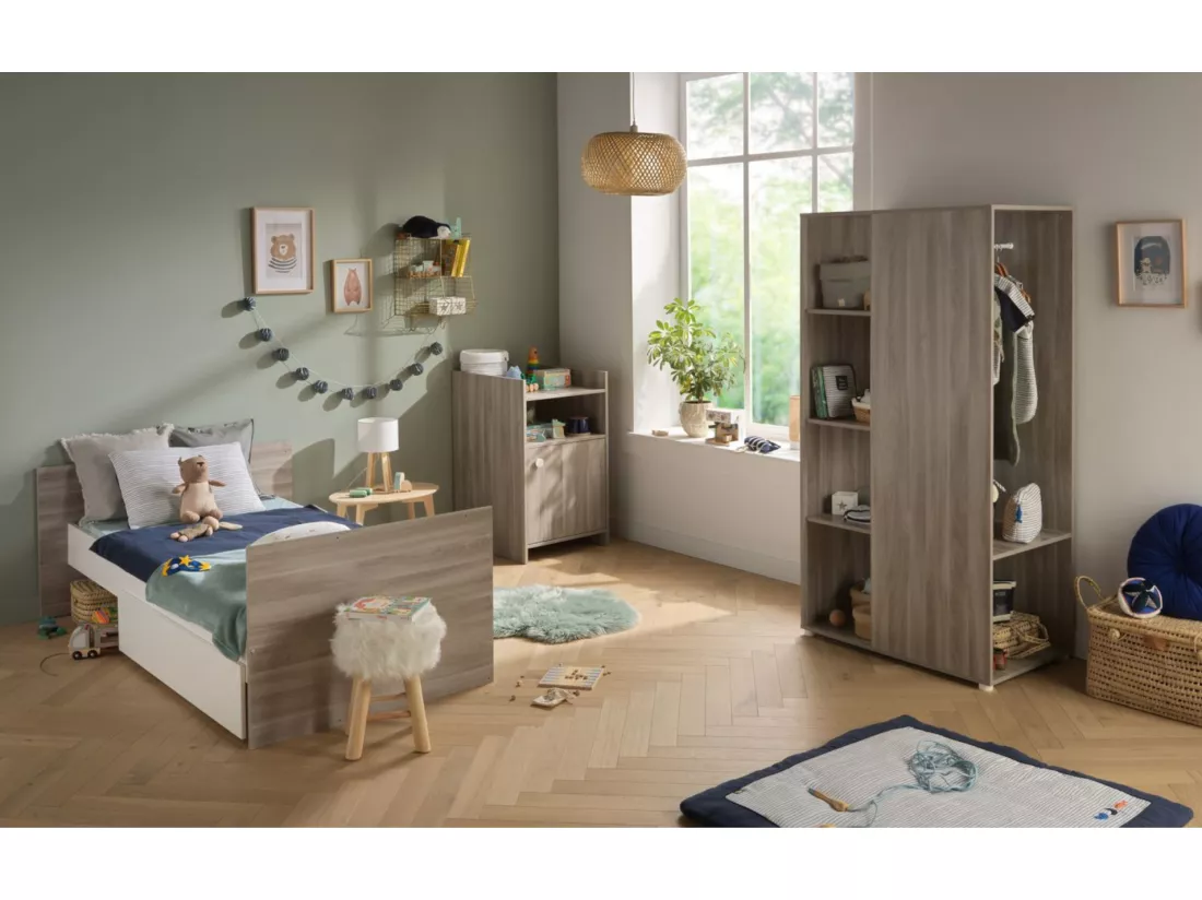 Lit bébé combiné 120x60 évolutif en 90x190 en décor bois avec commode à langer 1 porte