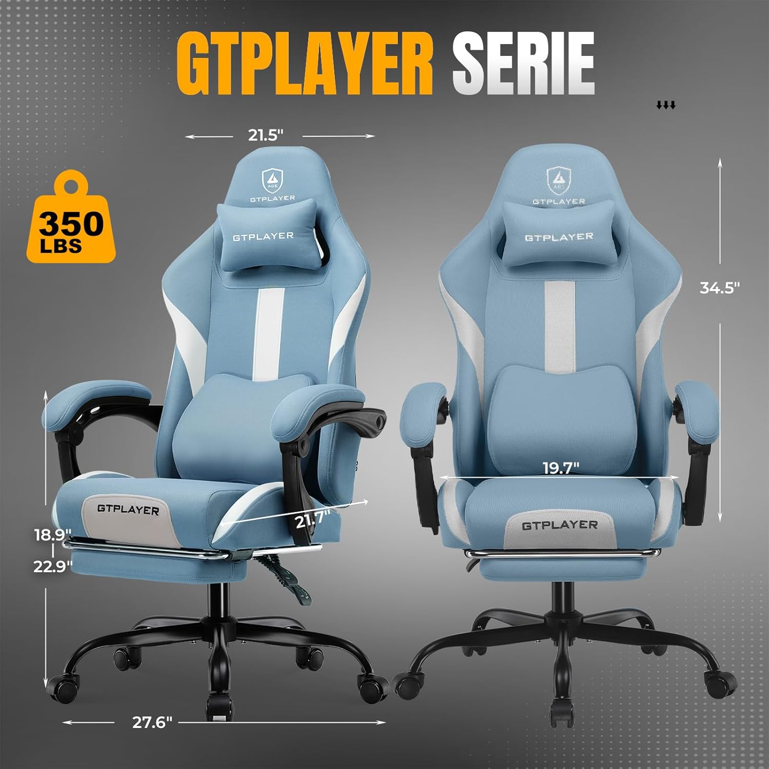 GTPLAYER Gaming Stuhl, Gamer Stuhl, Atmungsaktiver Bürostuhl aus Hochwertigem Stoff, Ergonomischer PC-Stuhl, Verstellbarer und Drehbarer Schreibtischstuhl mit Fußstütze, blau