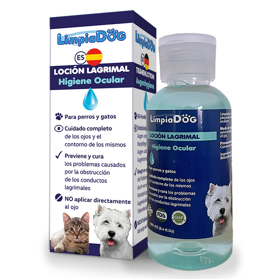 Limpador de manchas lacrimais Limpiadog para olhos radiantes: Limpador de olhos e canal lacrimal para animais de estimação, cães e gatos, 100 ml