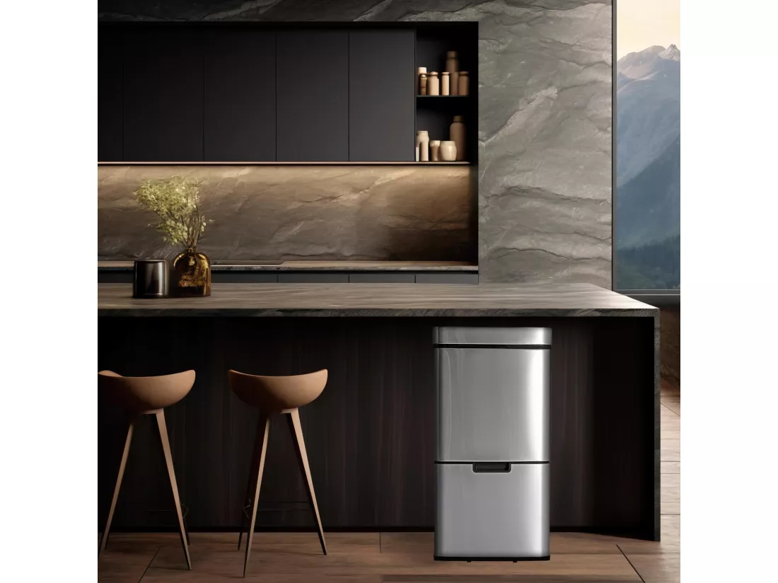WELL HOME Poubelle de tri 67L (42L+25L), poubelle à 2 compartiments, ouverture automatique avec capteur, en inox, chromé
