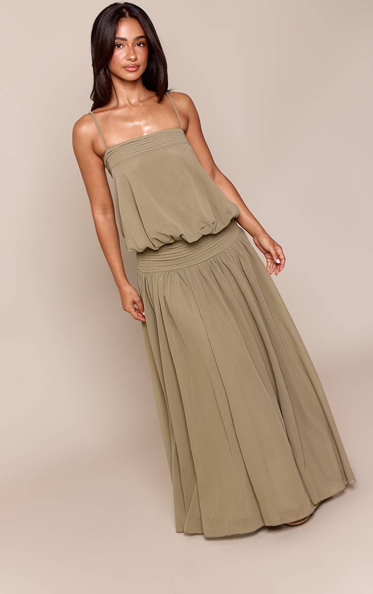 Vert Olive Robe Maxi Fluide En Mousseline À Bretelles Avec Détails De Coutures Petite