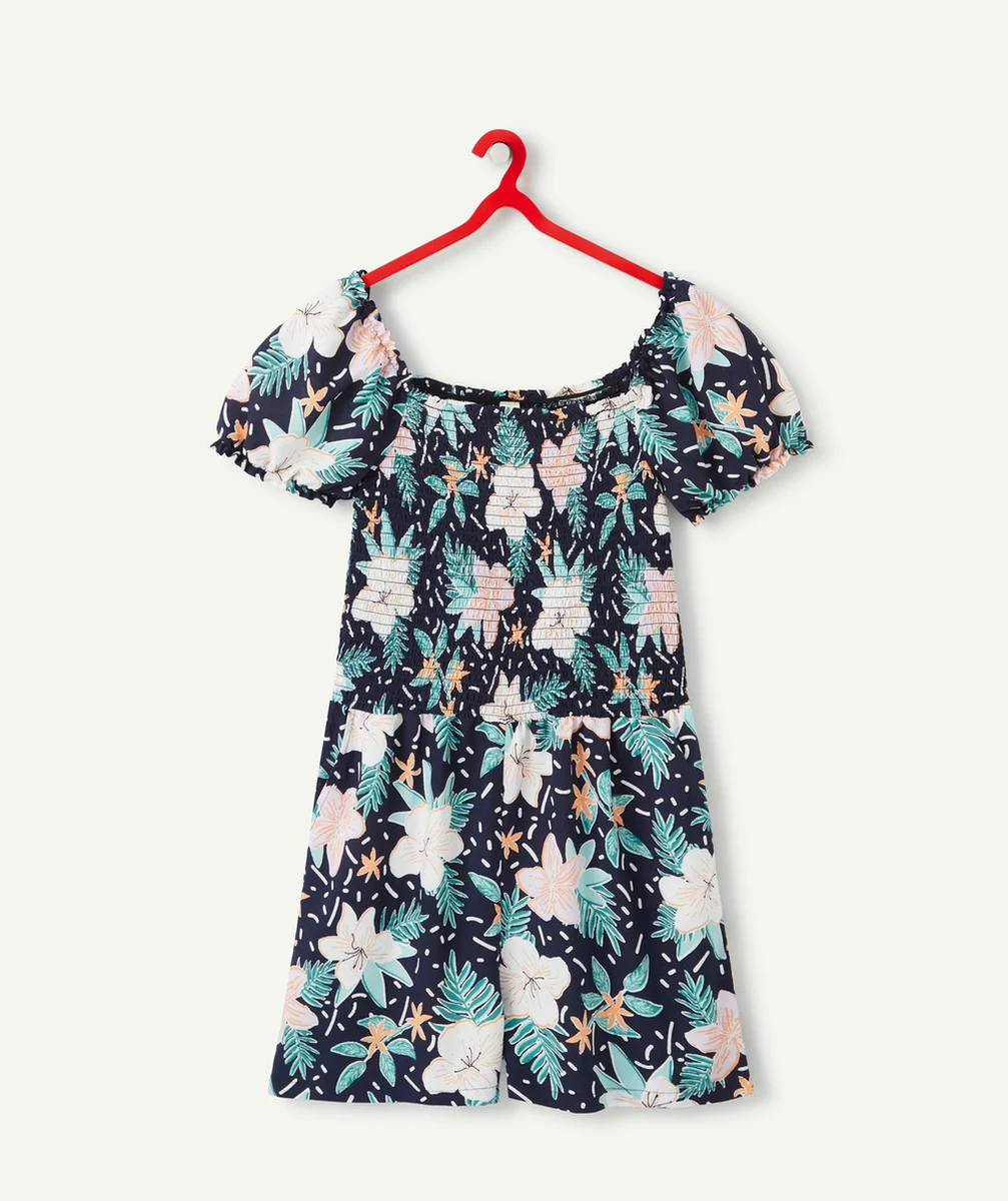 ROBE FILLE EN VISCOSE RESPONSABLE BLEU MARINE ET IMPRIMÉ TROPICAL