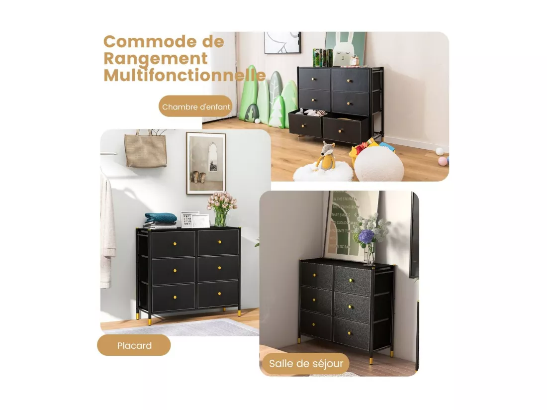 Commode Chambre, Commode Chambre Adulte 6 Tiroirs en Cuir PU et Tissu Pliable, Cadre en Métal, Chiffonnier Moderne avec Poignée Doré, Commode Rangement pour Salon, Entrée, Noir (6 Tiroirs)