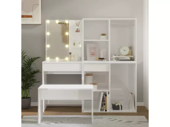 Ensemble de coiffeuse avec LED Blanc brillant Bois d'ingénierie
