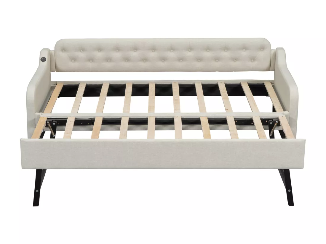 Lit gigogne 90/180x200cm, canapé lit extensible, méridienne avec port USB, sans matelas, beige