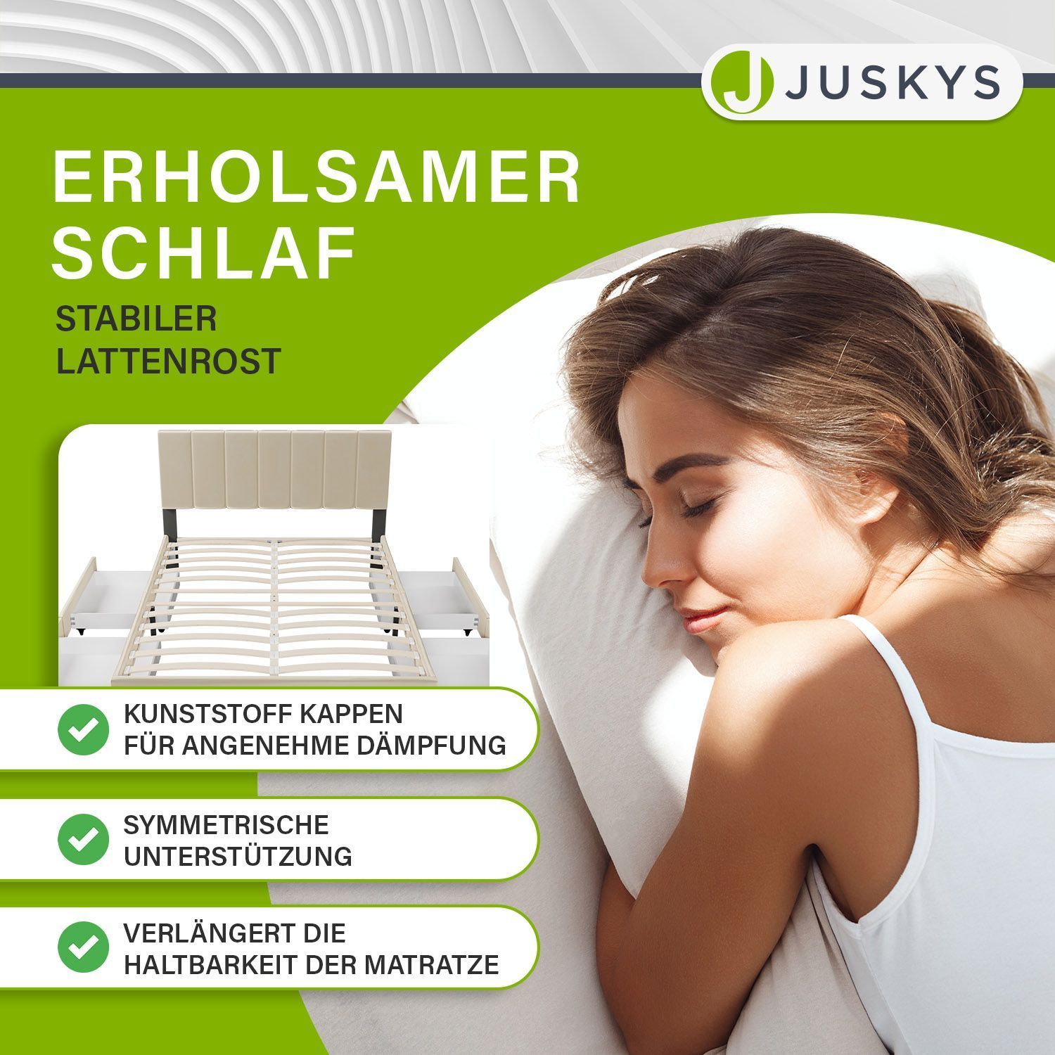 Juskys Samt Polsterbett Soria 140x200 cm mit Matratze, Lattenrost & Schubladen - Bett Beige