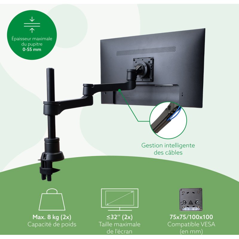 R-Go Tools Bras d'écran R-Go Zepher, bras réglable pour moniteur double, 100% circulaire, capacité de charge jusqu'à 8 kg, noir
