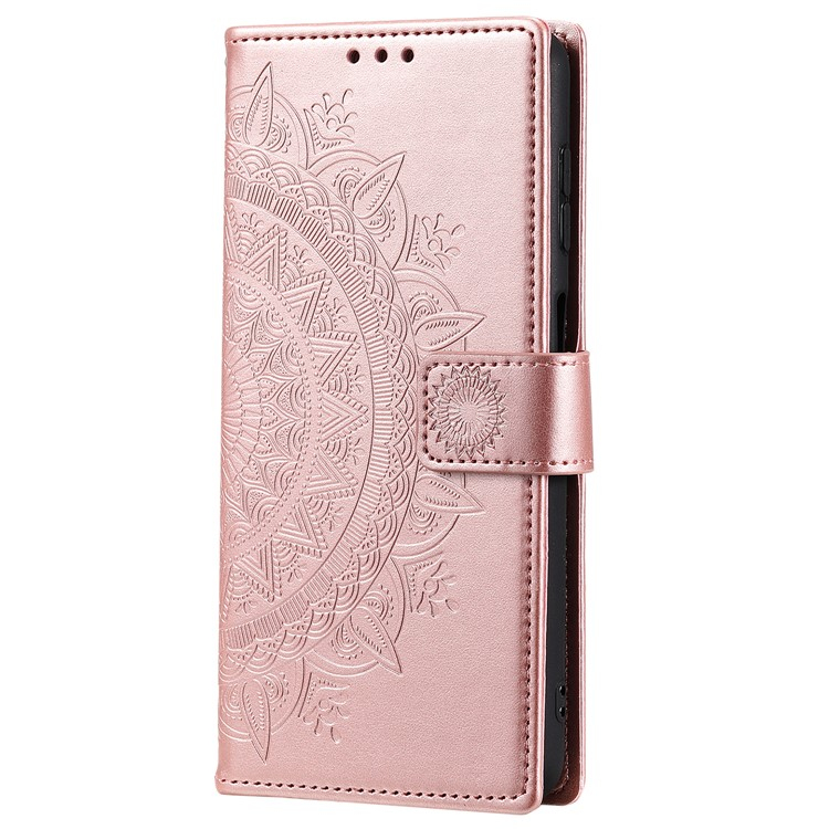Samsung Galaxy S25  Plus Leder Tasche Wallet - Mandala Flowers Imprint - Roségold
