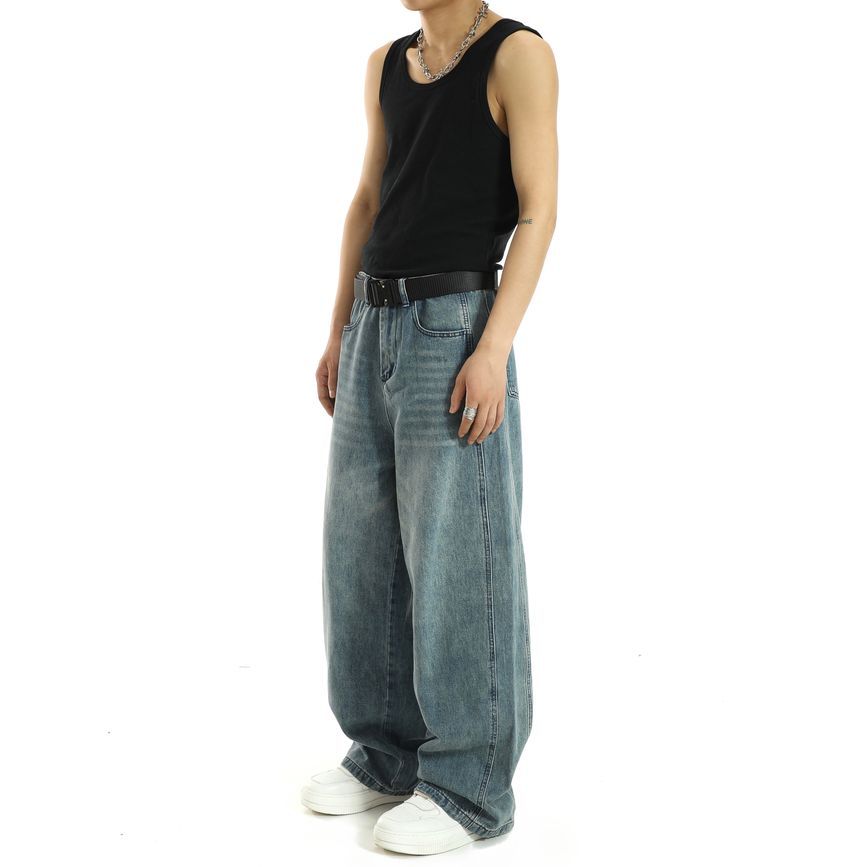 Meiksip - Mid Rise Washed Wide Leg Jeans