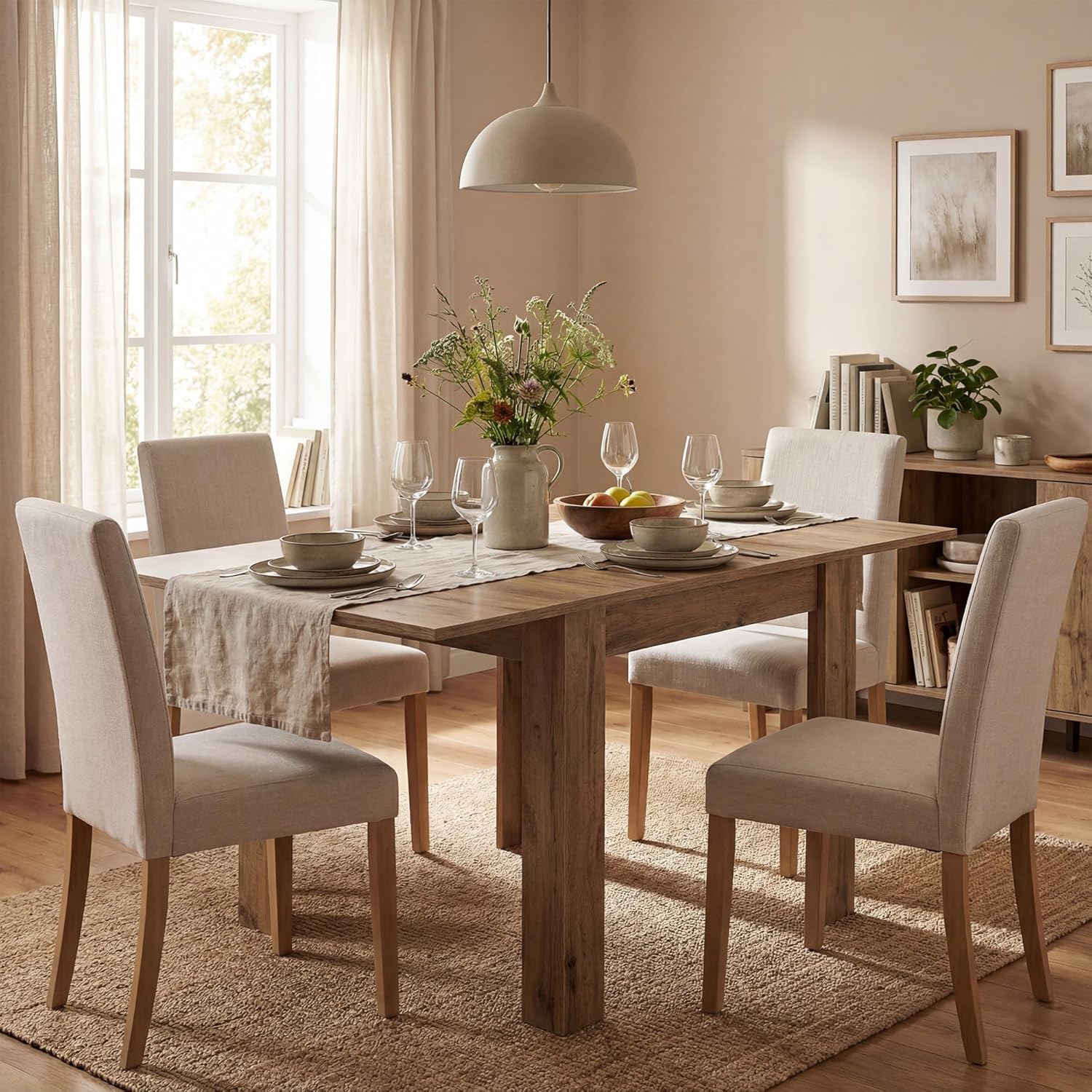 B&D home® LIVIUS Esstisch, ausziehbar 80–120 x 80 cm – moderner Küchentisch in Eichen Optik, platzsparend mit integrierter Aufbewahrung für Einlegeplatten, Holztisch für Küche & Esszimmer