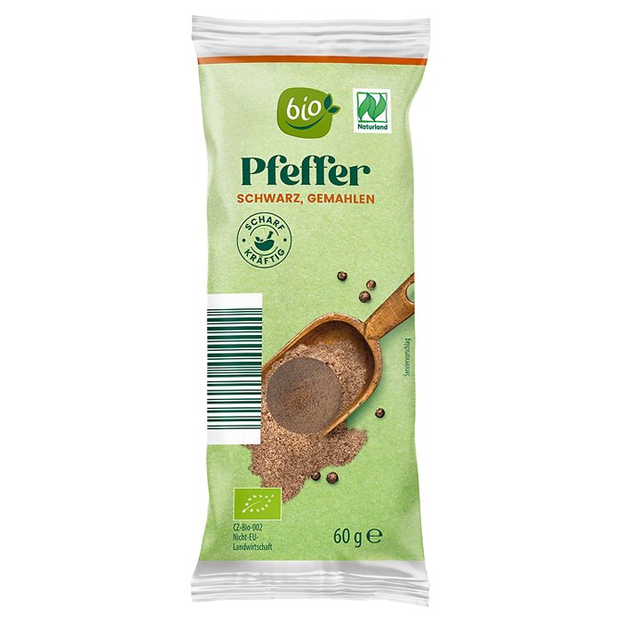 BIO Bio-Gewürze im Nachfüllbeutel 60 g, Pfeffer schwarz gemahlen