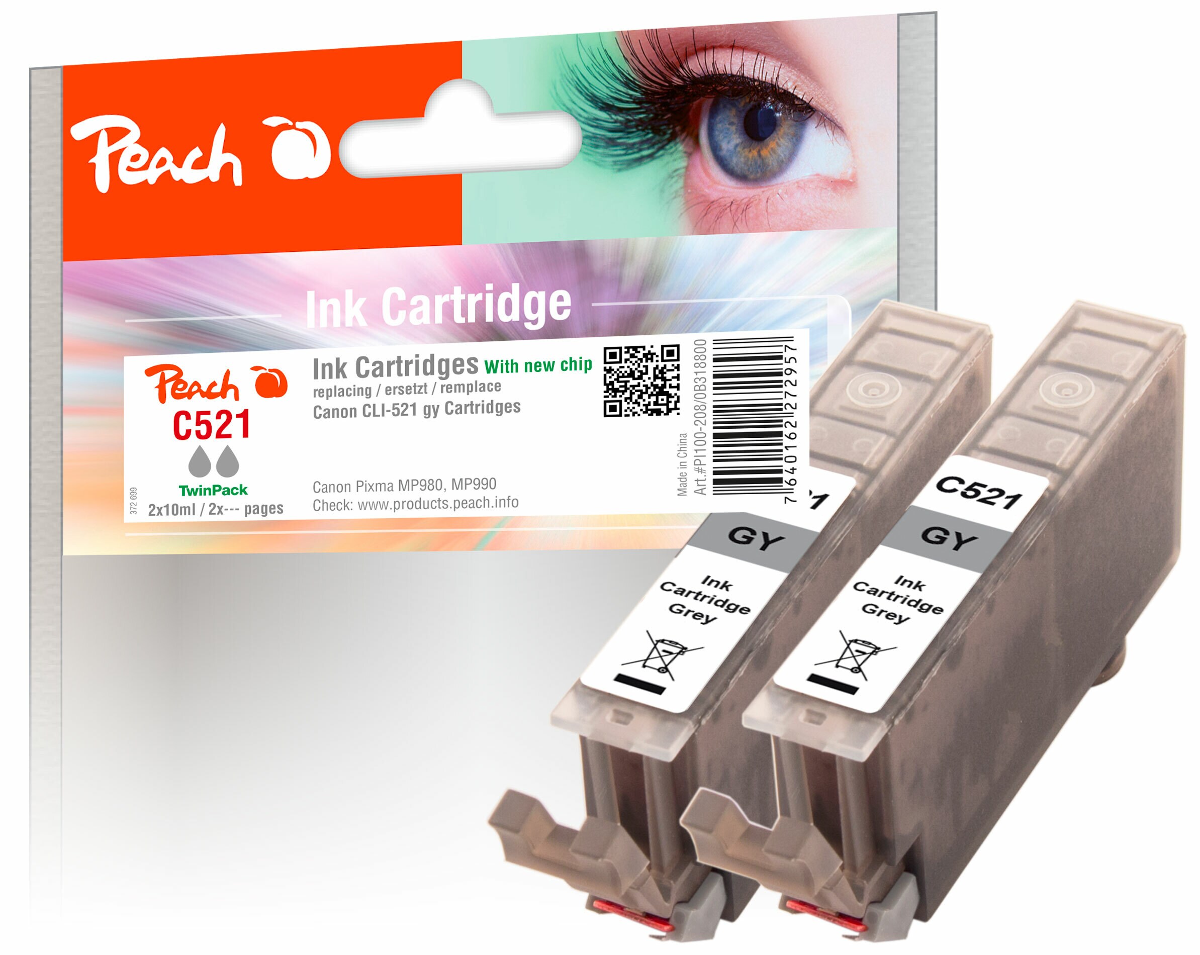 Peach C521 GY 2 Druckerpatronen XL 2*gy ersetzt Canon CLI-521GY*2, 2937B001 für z.B. Canon Pixma MP 980, Canon Pixma MP 990