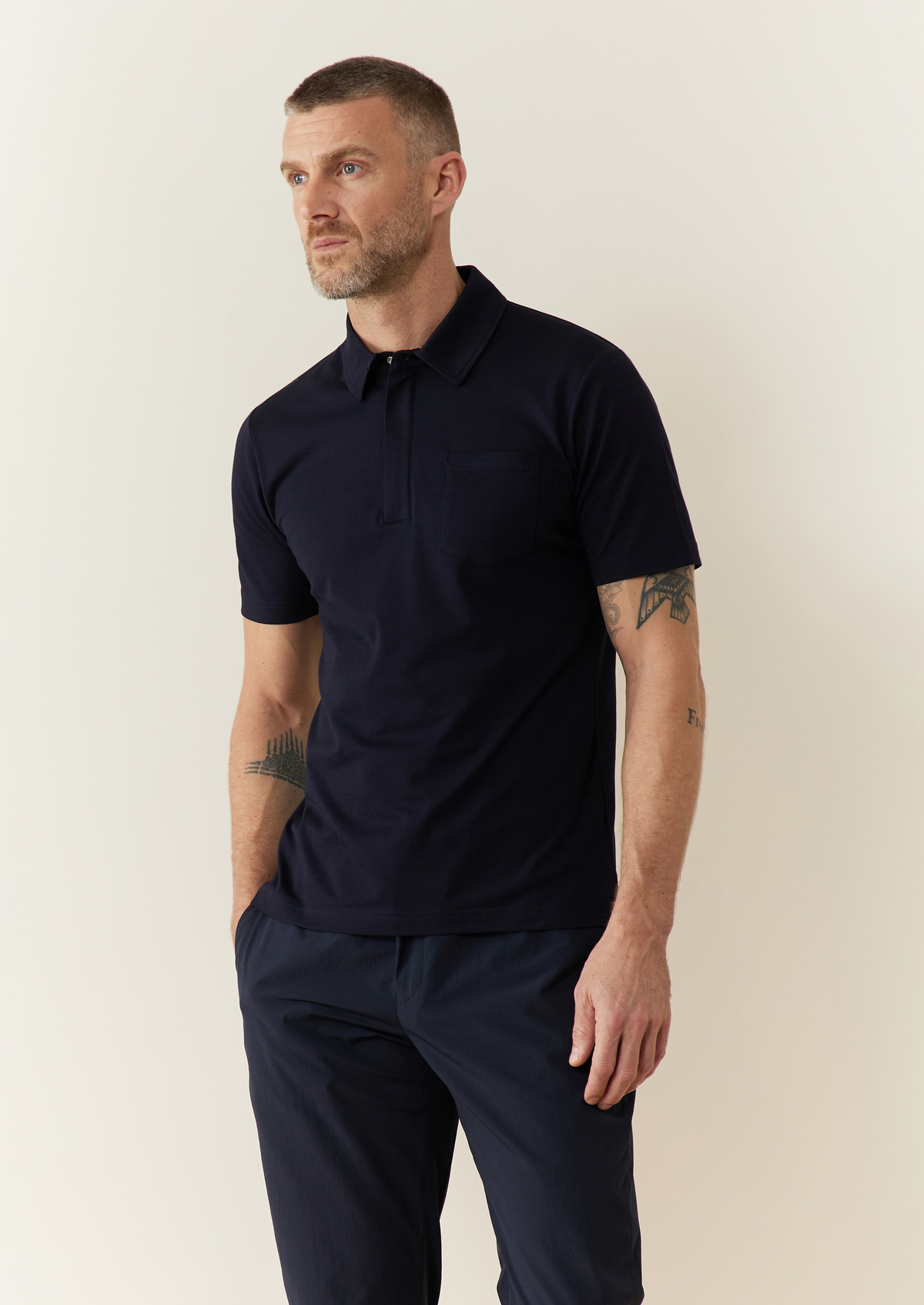 Polo Prodigieux en coton mélangé uni bleu marine