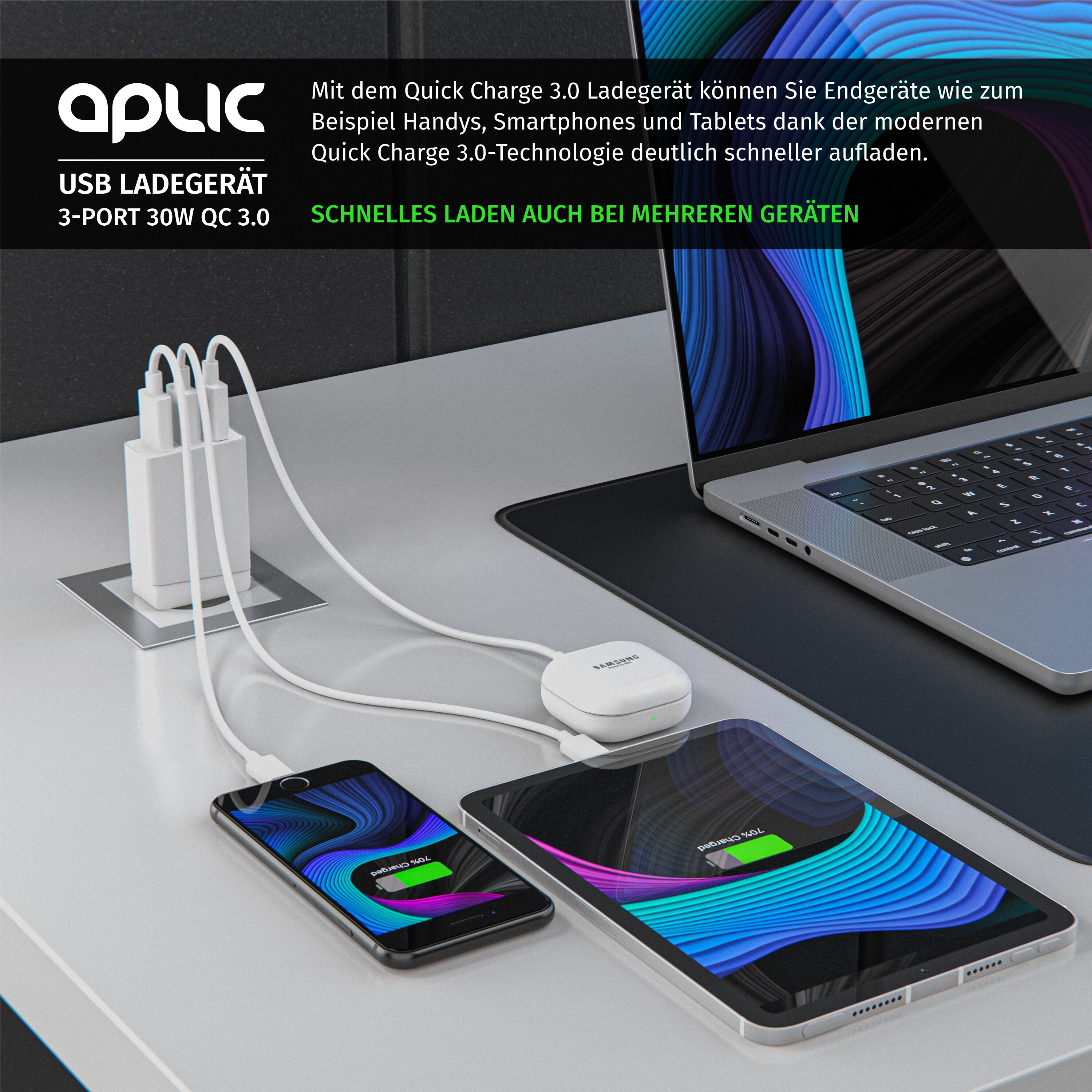 Aplic USB-Ladegerät 3000 mA, 3-Port Netzteil, Quick Charge 3.0, 2x USB Port + 1x QC 3.0 Port