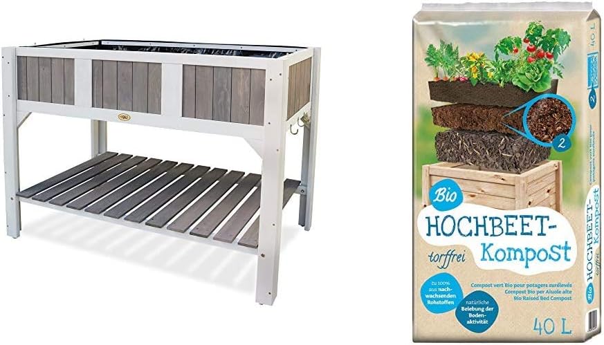Habau Klara Hochbeet, weiß/grau & Universal Bio Hochbeet-Kompost 40 Liter