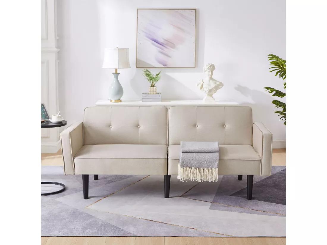 Canapé 2 places avec dossiers réglables - 176 x 76 x 74 cm - Tissu coton-lin et pièds en métal - Beige