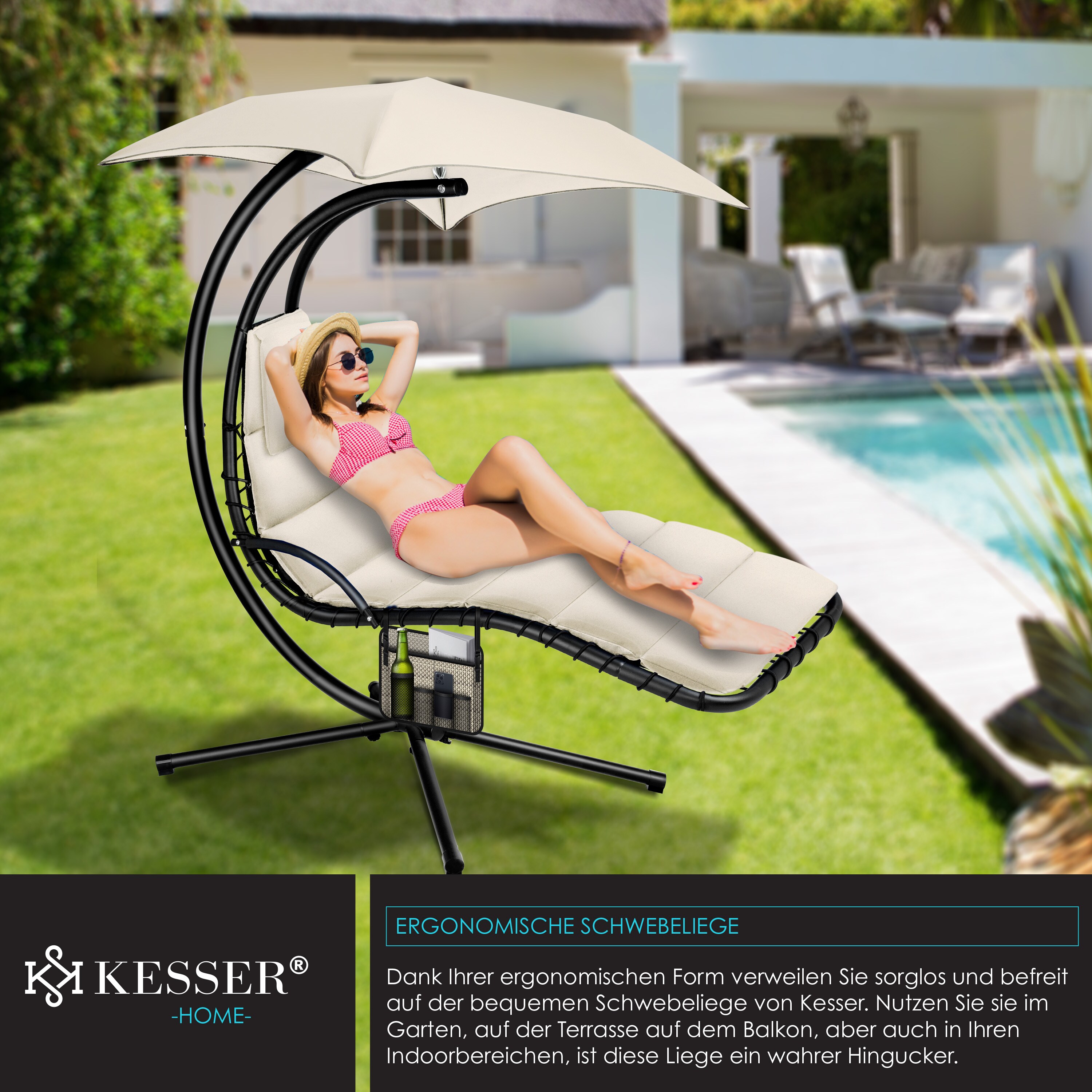 KESSER® Schwebeliege mit Sonnenschirm, Hängeliege , Sonnenliege H200, L194, B100 cm, Relaxliege, Schaukelliege Hängematte , bis 120 kg belastbar , Schaukelliege, Auflagen - Nackenkissen