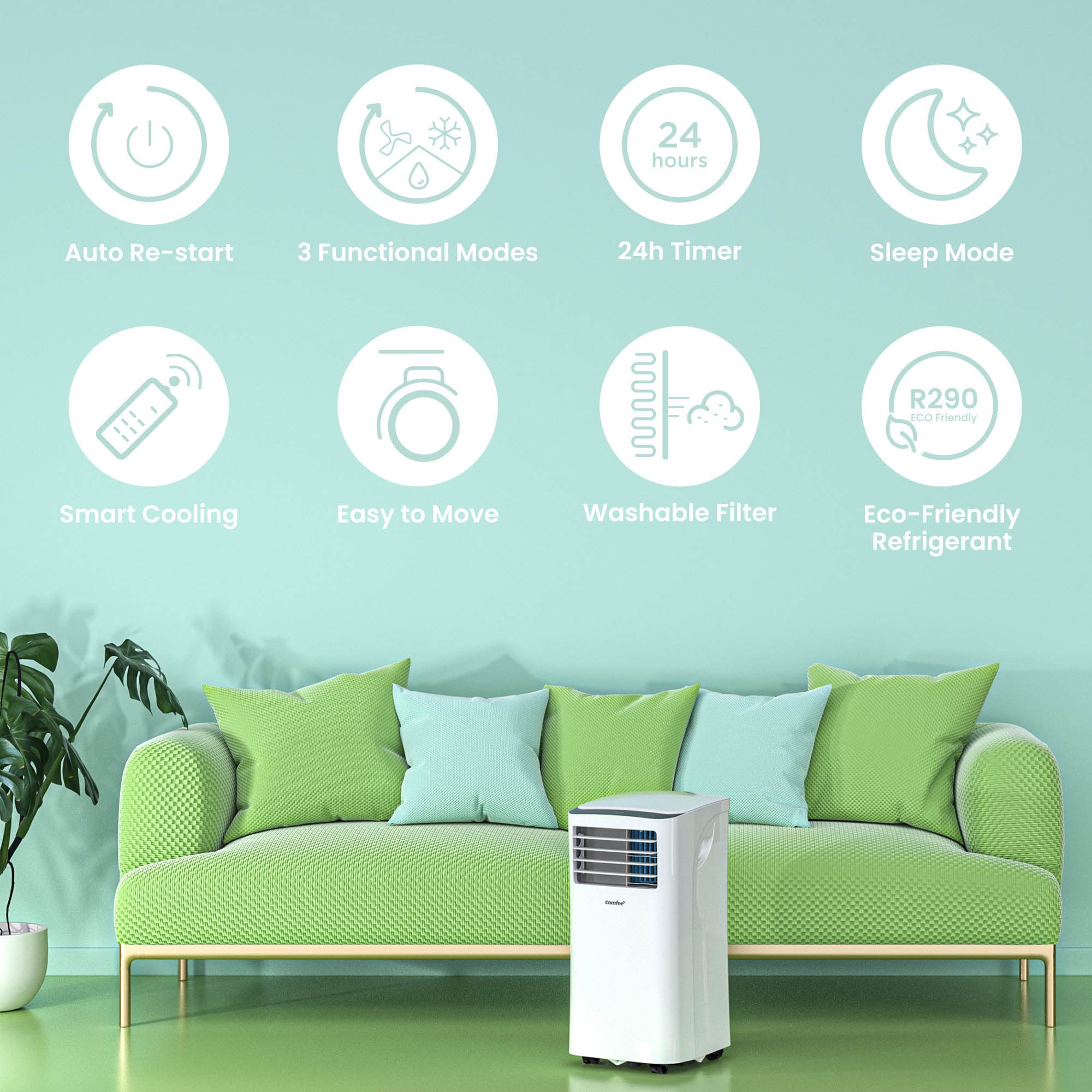 COMFEE' Climatiseur Mobile 9000 BTU/h 2,6kW, 3-EN-1 Refroidisseur Déshumidificateur Ventilateur, Fonction Follow me, Minuterie, Mode nuit, Pour salon