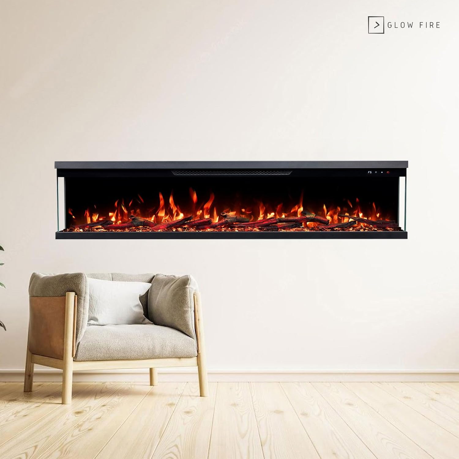 GLOW FIRE Elektrokamin Insert 152 mit realistischem 3D LED-Feuer - Wand-Elektrokamin mit Heizung und Kaminfeuer, App Steuerung, Knistereffekt & Timer, max. 1800 W, 152x35x19cm
