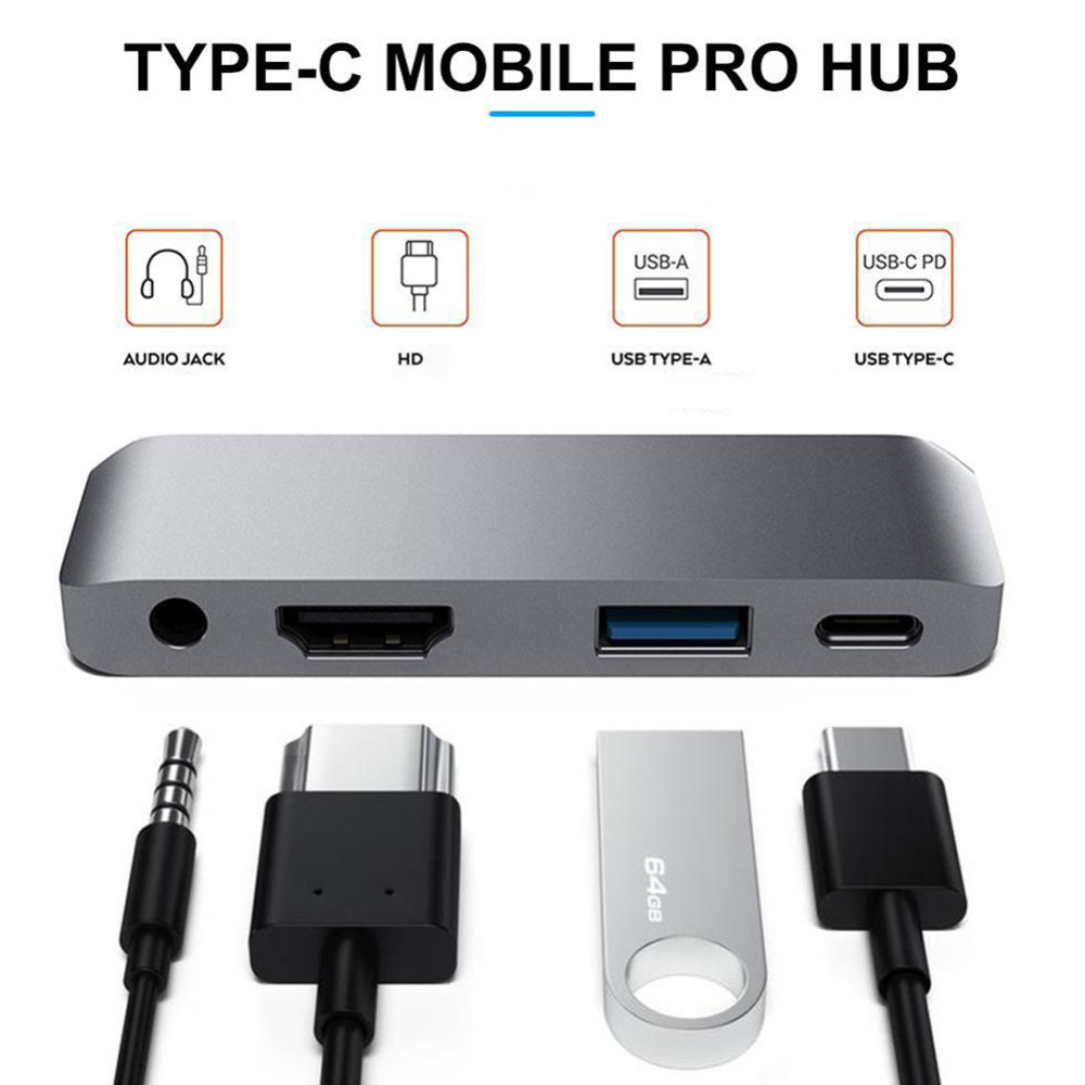 USB C auf 3.5mm Klinke / USB A / HDMI / USB C Hub Adapter für iPad Pro - Grau