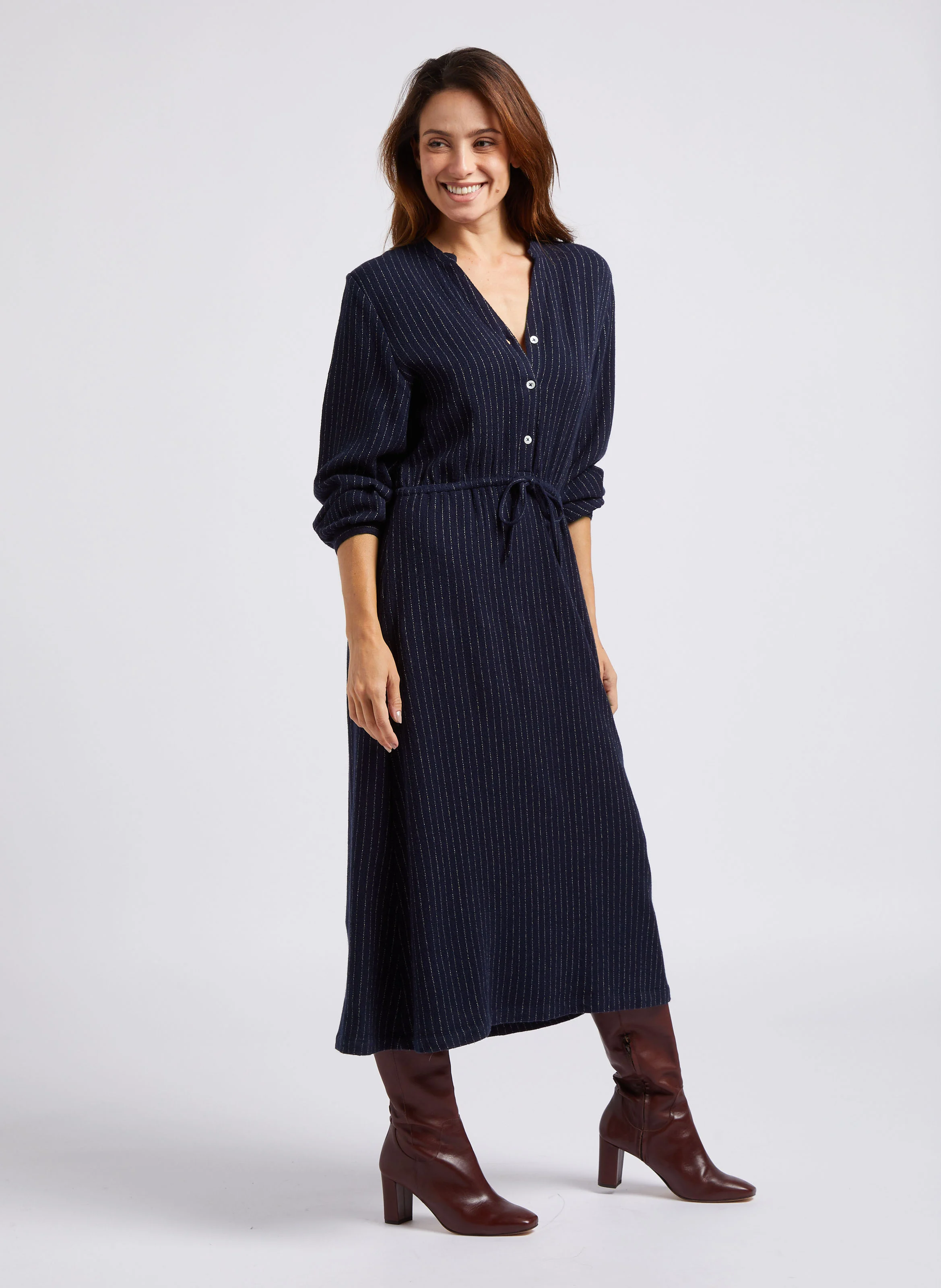 Robe midi col tunisien rayée | Bleu