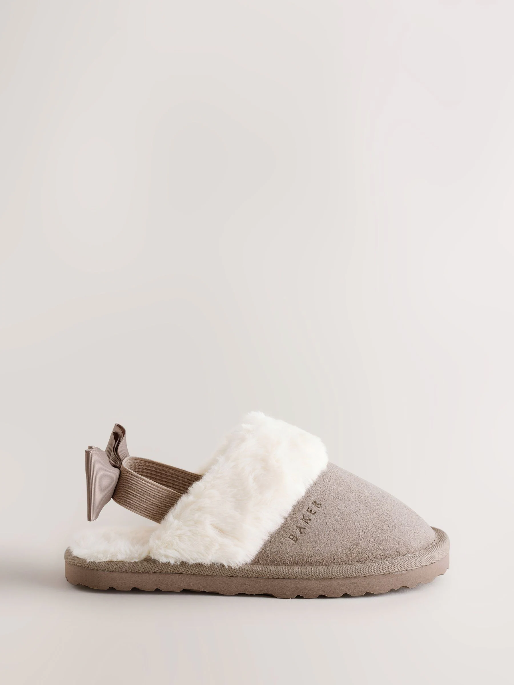 Neutraal - Baker by Ted Baker Girls Suede Faux Fur Mule Slippers with Bow