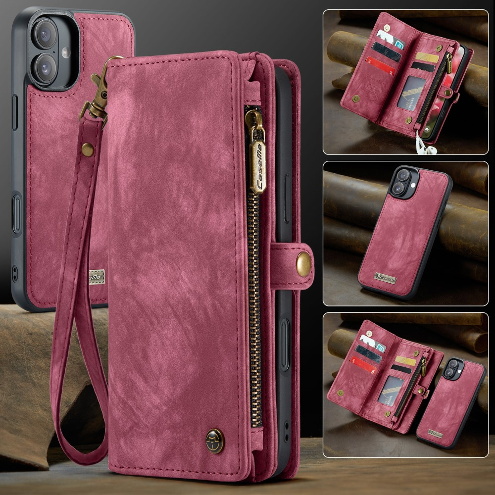 iPhone 16 2in1 Leder Tasche   Magnet Hardcase Karten Etui - Rot
