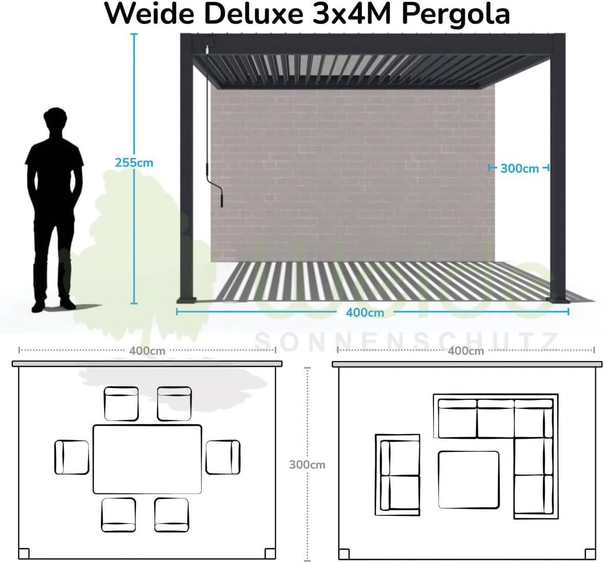 Pavillon Pergola 3x4m Terassenüberdachung mit Lamellendach verstellbar Gartenpavillon Hardtop wasserdicht stabil Winterfest Voll-Aluminium Grillpavillon Weide Premium Wall Weiß