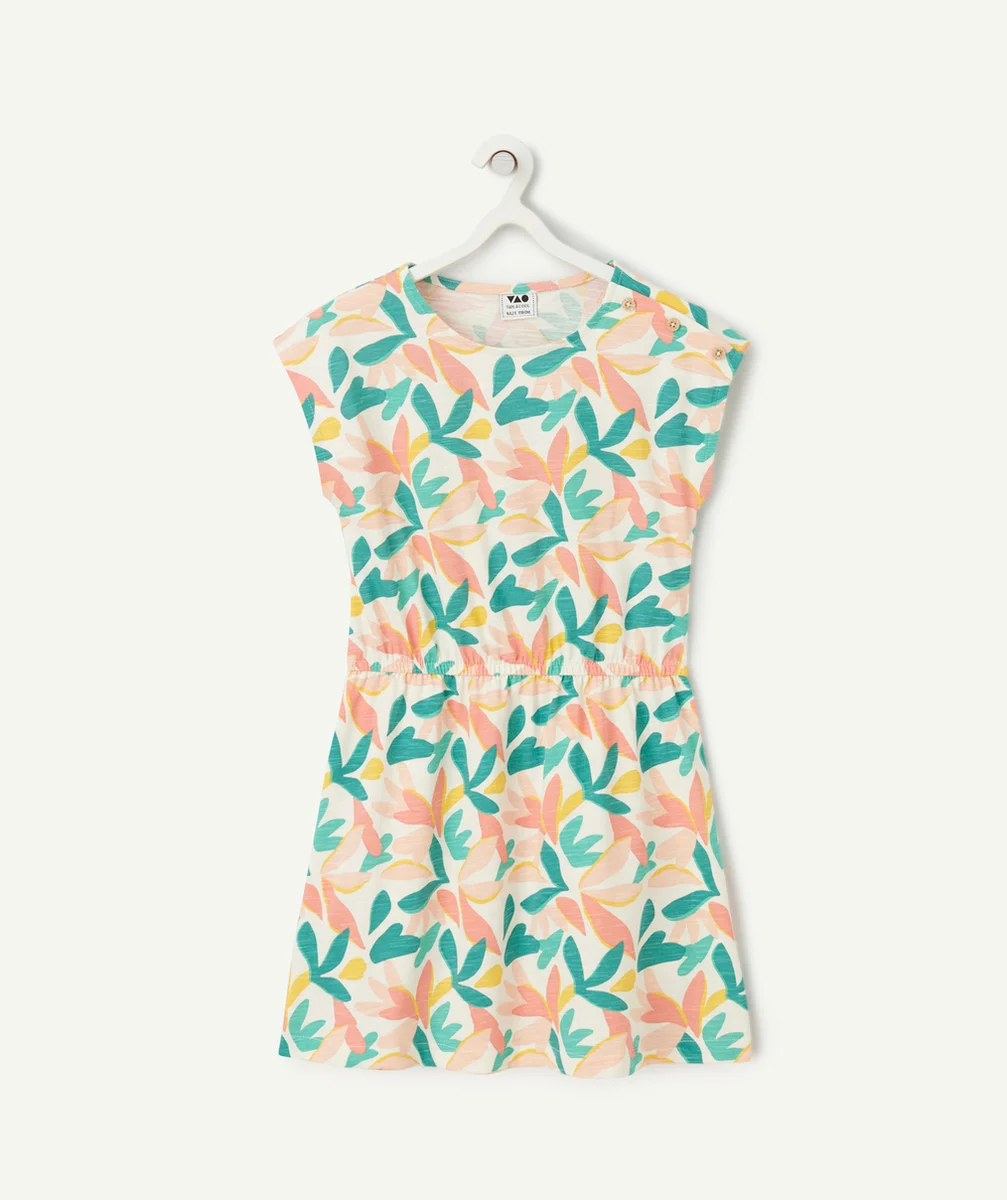 robe manches courtes fille en coton bio imprimé feuilles colorées