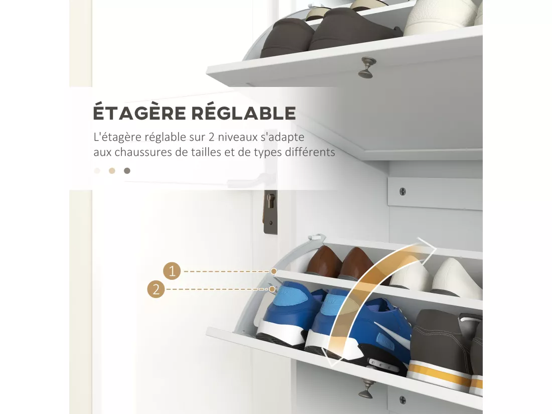 Armoire à chaussures 3 portes abattantes 2 compartiments panneaux particules blanc aspect chêne clair