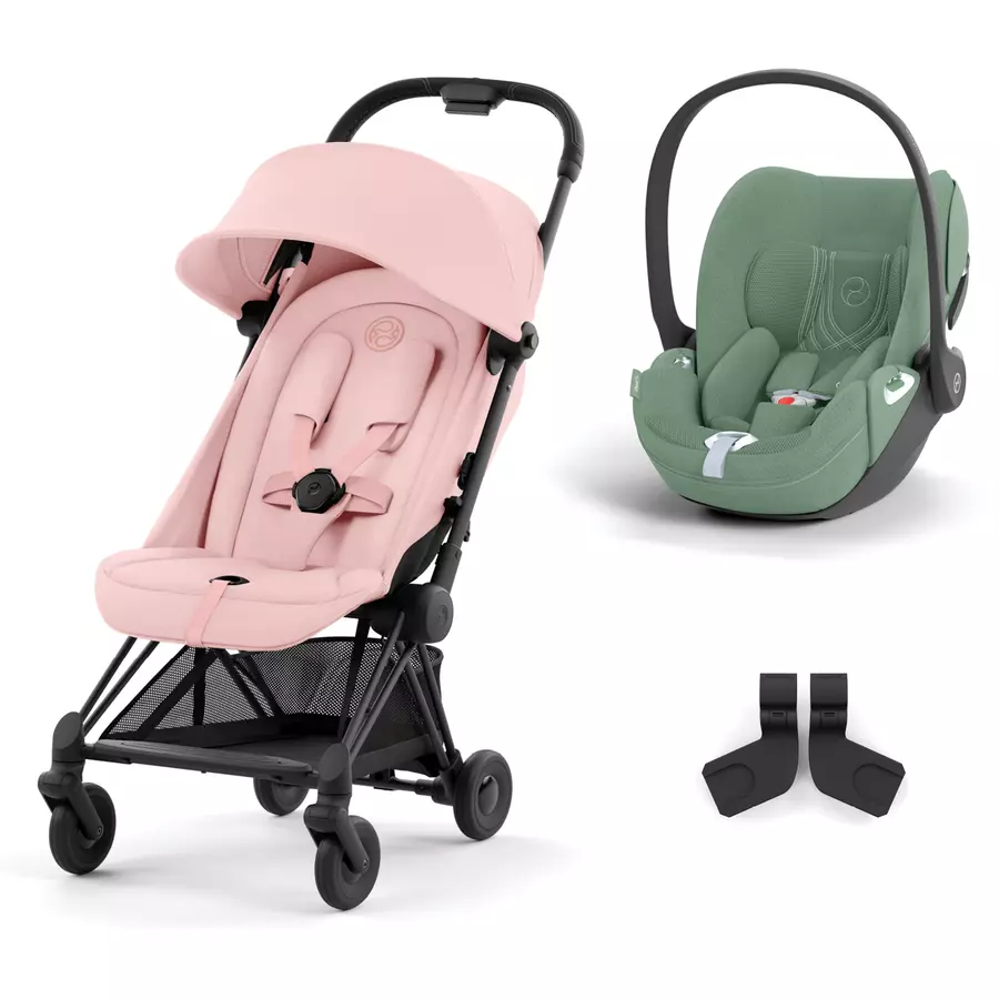 cybex PLATINUM Buggy Coya Matt Black Peach Pink inklusive Babyschale Cloud T I-Size Plus Leaf Green  und Adapter