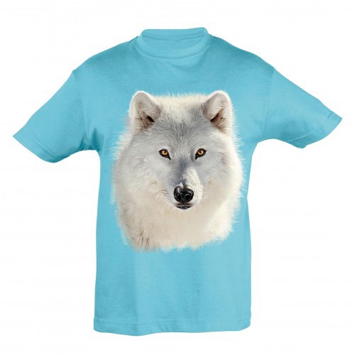 Camiseta infantil White Wolf na cor azul.