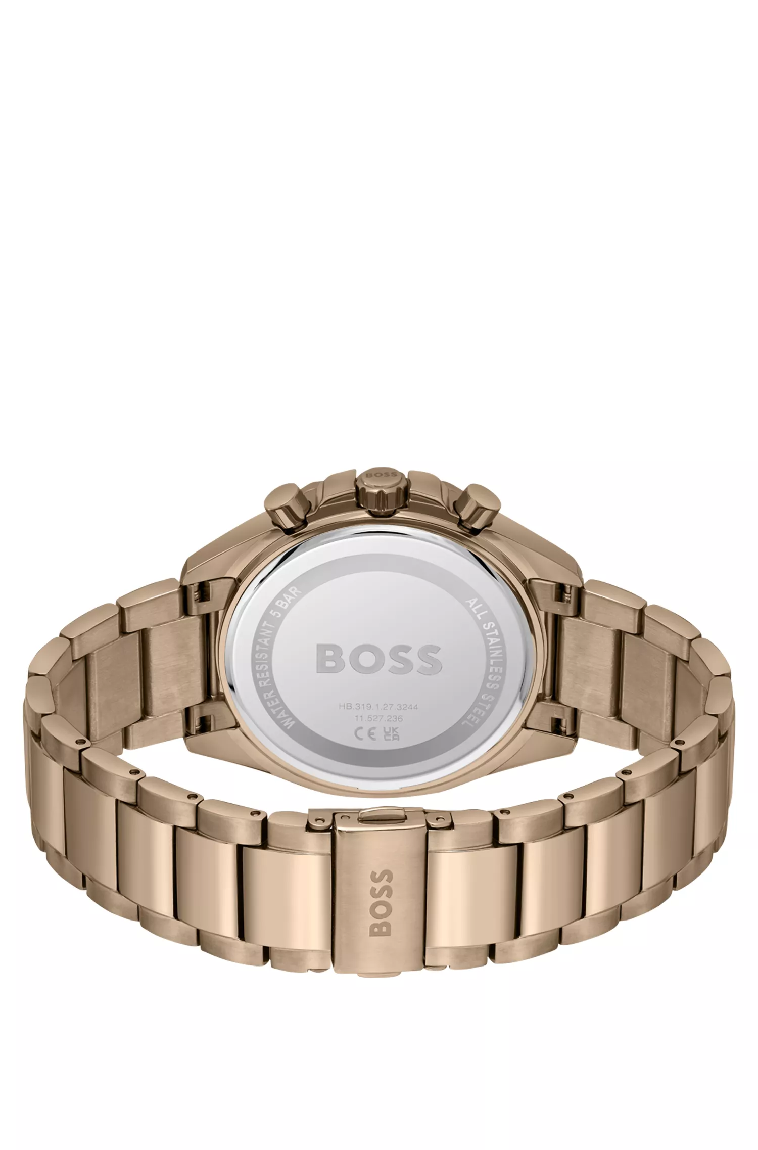 Relógio cronógrafo BOSS preto e dourado com pulseira de elos.