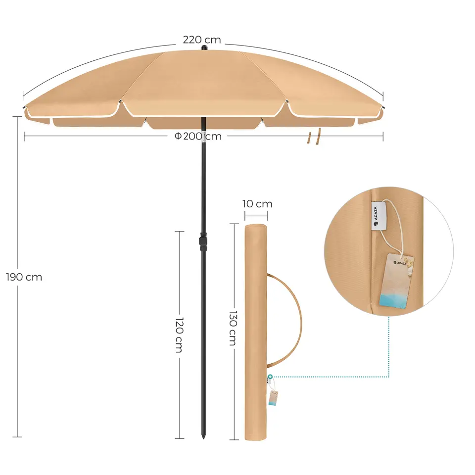 Parasol 180 cm diameter, rond / achthoekige strandparasol kantelbaar - taupe