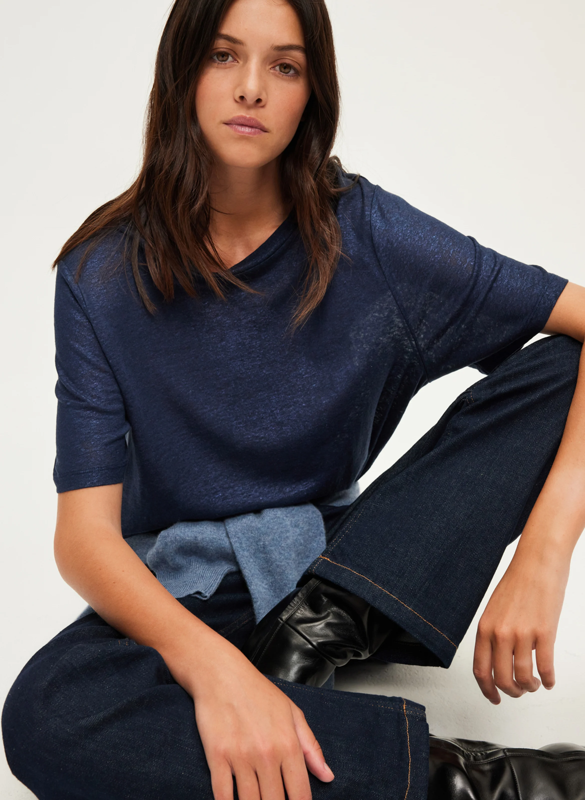 AMINA - Tee-shirt manches courtes en lin | Bleu