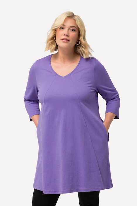 Longshirt, Ziernähte, A-Linie, V-Ausschnitt, 3/4-Arm