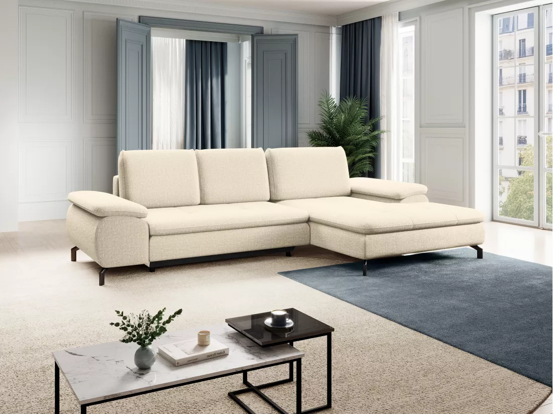 Canapé d'angle droit convertible en tissu texturé beige ARCHIBALD
