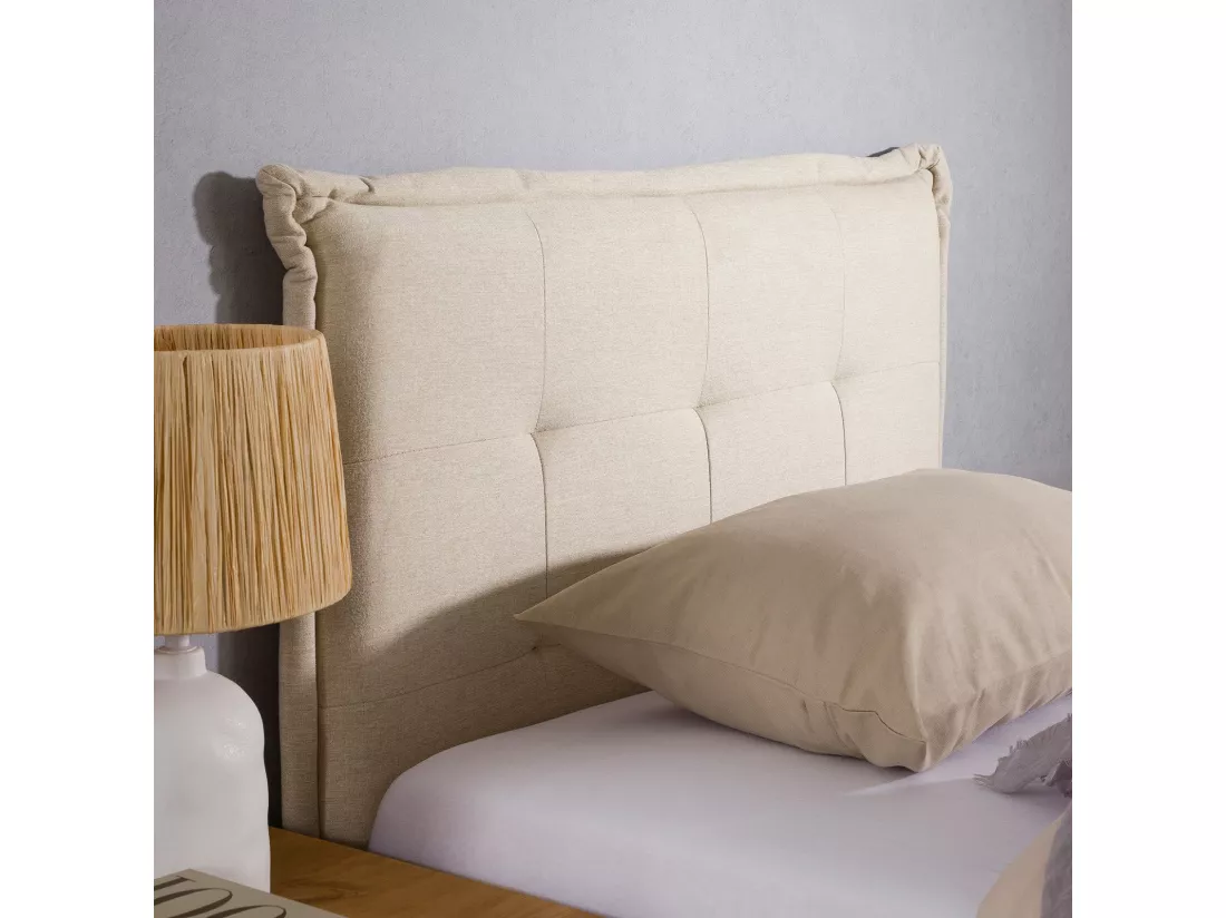 Tête de lit JALEYA 90 capitonnée, En tissu rembourré, Pieds en bois, Design élégant, Pour lits 90 cm, Écru