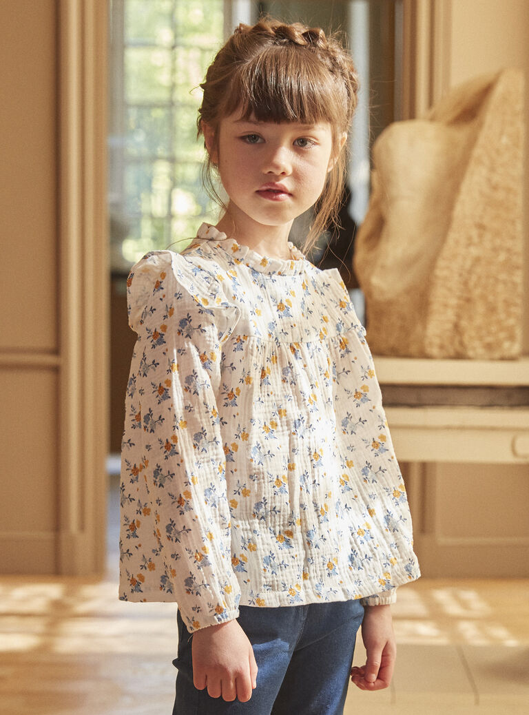 Blouse écrue à imprimé fleuri en gaze de coton