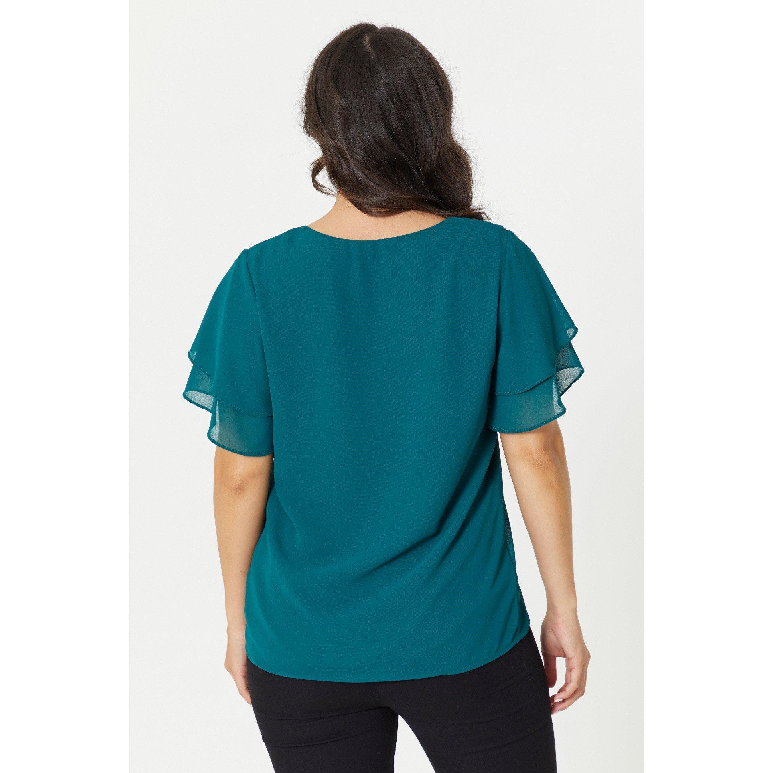Be You Ladies Flutter Sleeve Zip Chiffon Top