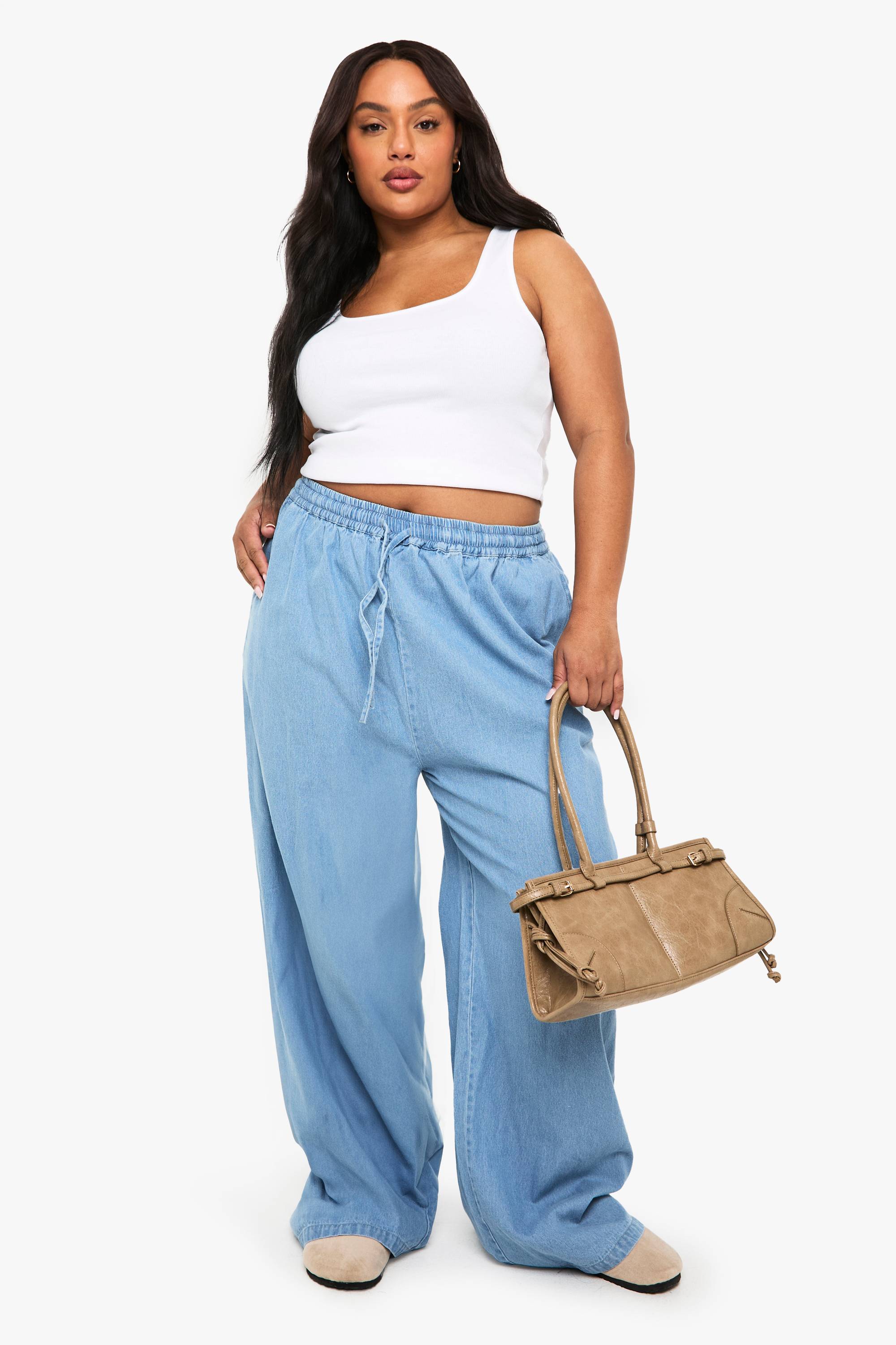 boohoo Pantalon à jambes larges en chambray avec cordon de serrage