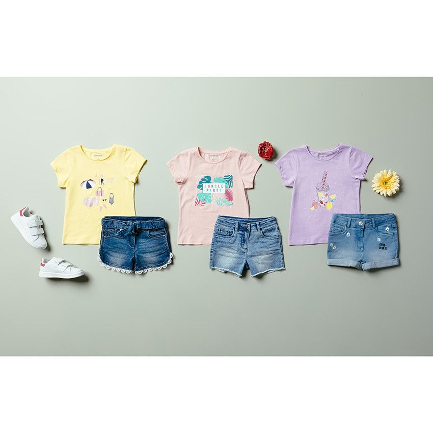 Short en jean délavé pour fille finition dentelle - Bleu